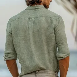 Discount OUKU Men's Shirt Linen Shirt Long Sleeve Graphic Trees / Leaves Turndown Shirt Collar Outdoor Causal Button Clothing Apparel Green