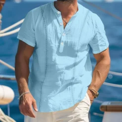 Clearance OUKU Men's Shirt Linen Shirt Guayabera Shirt Band Collar Shirt Popover Shirt Summer Shirt Plain Vacation Curise White Royal Blue Khaki Light Blue Short Sleeve Collar Summer Clothing Apparel