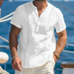 Clearance OUKU Men's Shirt Linen Shirt Guayabera Shirt Band Collar Shirt Popover Shirt Summer Shirt Plain Vacation Curise White Royal Blue Khaki Light Blue Short Sleeve Collar Summer Clothing Apparel