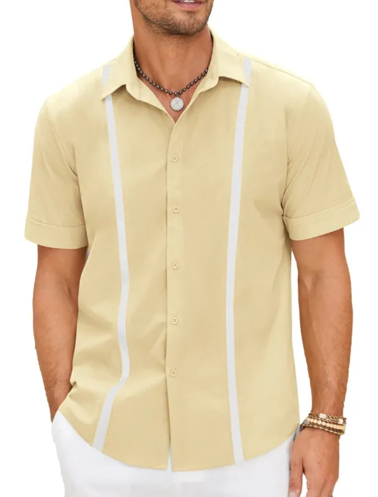 Online OUKU Men's Shirt Linen Shirt Guayabera Shirt Summer Shirt Beach Shirt Button Up Shirt Color Block Vacation Casual Navy Blue Blue Khaki Short Sleeve Turndown Summer Clothing Apparel