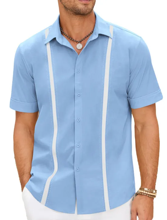 Online OUKU Men's Shirt Linen Shirt Guayabera Shirt Summer Shirt Beach Shirt Button Up Shirt Color Block Vacation Casual Navy Blue Blue Khaki Short Sleeve Turndown Summer Clothing Apparel