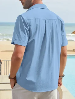 Online OUKU Men's Shirt Linen Shirt Guayabera Shirt Summer Shirt Beach Shirt Button Up Shirt Color Block Vacation Casual Navy Blue Blue Khaki Short Sleeve Turndown Summer Clothing Apparel