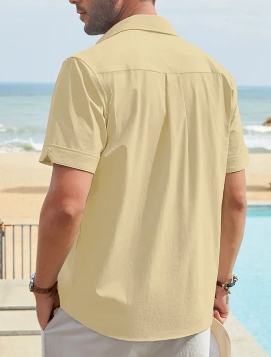 Online OUKU Men's Shirt Linen Shirt Guayabera Shirt Summer Shirt Beach Shirt Button Up Shirt Color Block Vacation Casual Navy Blue Blue Khaki Short Sleeve Turndown Summer Clothing Apparel