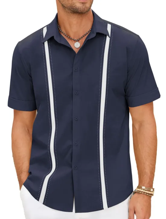 Online OUKU Men's Shirt Linen Shirt Guayabera Shirt Summer Shirt Beach Shirt Button Up Shirt Color Block Vacation Casual Navy Blue Blue Khaki Short Sleeve Turndown Summer Clothing Apparel