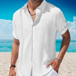 OUKU Men's Shirt Linen Shirt Guayabera Shirt Summer Shirt Beach Wear Button Up Shirt Plain Vacation Curise Black White Navy Blue Apricot Short Sleeve Lapel Summer Clothing Apparel Front Pocket