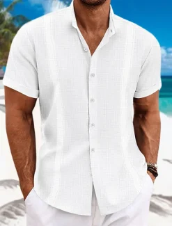 Hot OUKU Men's Shirt Linen Shirt Guayabera Shirt Summer Shirt Beach Shirt Button Up Shirt Plain Casual Daily Black White Blue Green Short Sleeve Collar Summer Clothing Apparel