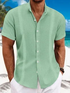 Hot OUKU Men's Shirt Linen Shirt Guayabera Shirt Summer Shirt Beach Shirt Button Up Shirt Plain Casual Daily Black White Blue Green Short Sleeve Collar Summer Clothing Apparel