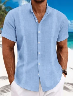 Hot OUKU Men's Shirt Linen Shirt Guayabera Shirt Summer Shirt Beach Shirt Button Up Shirt Plain Casual Daily Black White Blue Green Short Sleeve Collar Summer Clothing Apparel