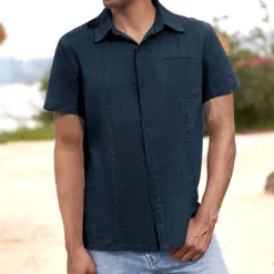 Hot OUKU Men's Shirt Linen Shirt Guayabera Shirt Summer Shirt Beach Shirt Button Up Shirt Plain Vacation Casual Black White Navy Blue Blue Short Sleeve Lapel Summer Clothing Apparel Patchwork