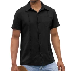 Hot OUKU Men's Shirt Linen Shirt Guayabera Shirt Summer Shirt Beach Shirt Button Up Shirt Plain Vacation Casual Black White Navy Blue Blue Short Sleeve Lapel Summer Clothing Apparel Patchwork