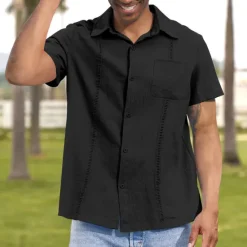 Hot OUKU Men's Shirt Linen Shirt Guayabera Shirt Summer Shirt Beach Shirt Button Up Shirt Plain Vacation Casual Black White Navy Blue Blue Short Sleeve Lapel Summer Clothing Apparel Patchwork