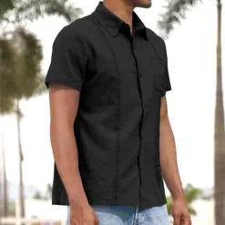 Hot OUKU Men's Shirt Linen Shirt Guayabera Shirt Summer Shirt Beach Shirt Button Up Shirt Plain Vacation Casual Black White Navy Blue Blue Short Sleeve Lapel Summer Clothing Apparel Patchwork