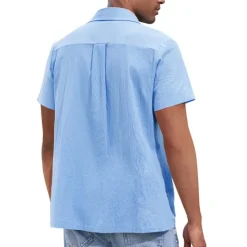 Hot OUKU Men's Shirt Linen Shirt Guayabera Shirt Summer Shirt Beach Shirt Button Up Shirt Plain Vacation Casual Black White Navy Blue Blue Short Sleeve Lapel Summer Clothing Apparel Patchwork