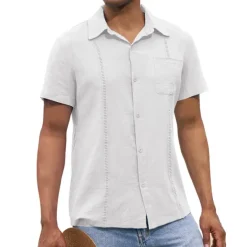 Hot OUKU Men's Shirt Linen Shirt Guayabera Shirt Summer Shirt Beach Shirt Button Up Shirt Plain Vacation Casual Black White Navy Blue Blue Short Sleeve Lapel Summer Clothing Apparel Patchwork