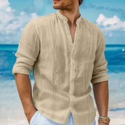 Best OUKU Men's Shirt Linen Shirt Guayabera Shirt Band Collar Shirt Summer Shirt Beach Shirt Plain Vacation Curise White Navy Blue Green Khaki Long Sleeve Band Collar Spring & Summer Clothing Apparel