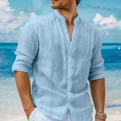 Best OUKU Men's Shirt Linen Shirt Guayabera Shirt Band Collar Shirt Summer Shirt Beach Shirt Plain Vacation Curise White Navy Blue Green Khaki Long Sleeve Band Collar Spring & Summer Clothing Apparel