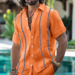 Clearance OUKU Men's Shirt Linen Shirt Guayabera Shirt Summer Shirt Beach Wear Button Up Shirt Plain Casual Daily Black White Orange Short Sleeve Collar Summer Spring Clothing Apparel