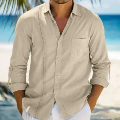 Online OUKU Men's Shirt Linen Shirt Guayabera Shirt Summer Shirt Beach Wear Button Up Shirt Plain Vacation Curise Black White Dark Navy Khaki Long Sleeve Collar Spring & Summer Clothing Apparel