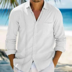 Online OUKU Men's Shirt Linen Shirt Guayabera Shirt Summer Shirt Beach Wear Button Up Shirt Plain Vacation Curise Black White Dark Navy Khaki Long Sleeve Collar Spring & Summer Clothing Apparel