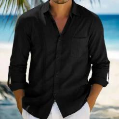 Online OUKU Men's Shirt Linen Shirt Guayabera Shirt Summer Shirt Beach Wear Button Up Shirt Plain Vacation Curise Black White Dark Navy Khaki Long Sleeve Collar Spring & Summer Clothing Apparel