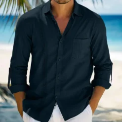 Online OUKU Men's Shirt Linen Shirt Guayabera Shirt Summer Shirt Beach Wear Button Up Shirt Plain Vacation Curise Black White Dark Navy Khaki Long Sleeve Collar Spring & Summer Clothing Apparel