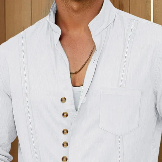 Outlet OUKU Men's Shirt Linen Shirt Guayabera Shirt Summer Shirt Casual Shirt Button Up Shirt Plain Home Daily White Pink Khaki Light Blue Long Sleeve Band Collar Summer Spring & Fall Clothing Apparel