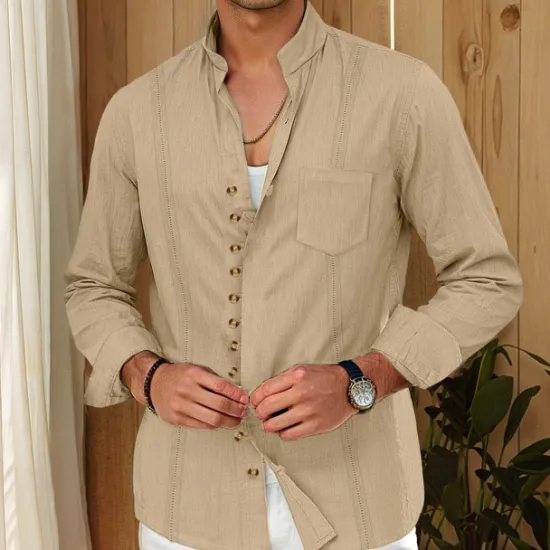 Outlet OUKU Men's Shirt Linen Shirt Guayabera Shirt Summer Shirt Casual Shirt Button Up Shirt Plain Home Daily White Pink Khaki Light Blue Long Sleeve Band Collar Summer Spring & Fall Clothing Apparel