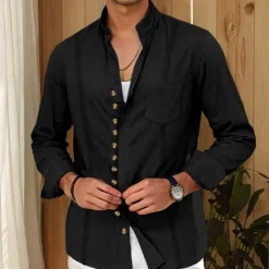 Outlet OUKU Men's Shirt Linen Shirt Guayabera Shirt Summer Shirt Casual Shirt Button Up Shirt Plain Home Daily White Pink Khaki Light Blue Long Sleeve Band Collar Summer Spring & Fall Clothing Apparel