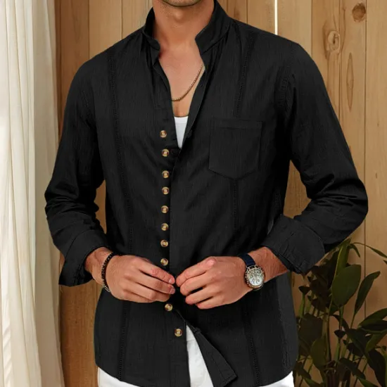 Outlet OUKU Men's Shirt Linen Shirt Guayabera Shirt Summer Shirt Casual Shirt Button Up Shirt Plain Home Daily White Pink Khaki Light Blue Long Sleeve Band Collar Summer Spring & Fall Clothing Apparel