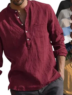 Best OUKU Men's Shirt Linen Shirt Maroon Shirt Solid Color V Neck White Black Gray Wine Army Green Long Sleeve Daily Vacation collared shirts Tops Streetwear Casual Chinoiserie