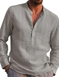 Best OUKU Men's Shirt Linen Shirt Maroon Shirt Solid Color V Neck White Black Gray Wine Army Green Long Sleeve Daily Vacation collared shirts Tops Streetwear Casual Chinoiserie