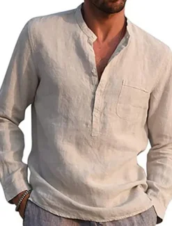 Best OUKU Men's Shirt Linen Shirt Maroon Shirt Solid Color V Neck White Black Gray Wine Army Green Long Sleeve Daily Vacation collared shirts Tops Streetwear Casual Chinoiserie