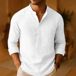 New OUKU Men's Shirt Linen Shirt Popover Shirt Casual Shirt Cotton Shirt Plain Vacation Hawaiian Black White Pink Orange Long Sleeve Band Collar Spring Fall Clothing Apparel