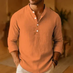 New OUKU Men's Shirt Linen Shirt Popover Shirt Casual Shirt Cotton Shirt Plain Vacation Hawaiian Black White Pink Orange Long Sleeve Band Collar Spring Fall Clothing Apparel