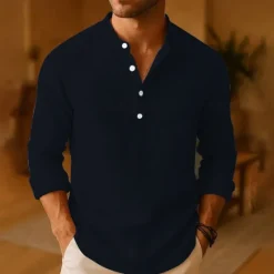 New OUKU Men's Shirt Linen Shirt Popover Shirt Casual Shirt Cotton Shirt Plain Vacation Hawaiian Black White Pink Orange Long Sleeve Band Collar Spring Fall Clothing Apparel