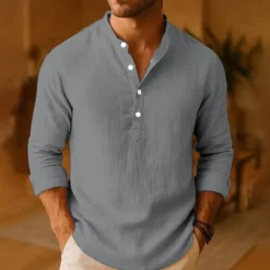 New OUKU Men's Shirt Linen Shirt Popover Shirt Casual Shirt Cotton Shirt Plain Vacation Hawaiian Black White Pink Orange Long Sleeve Band Collar Spring Fall Clothing Apparel