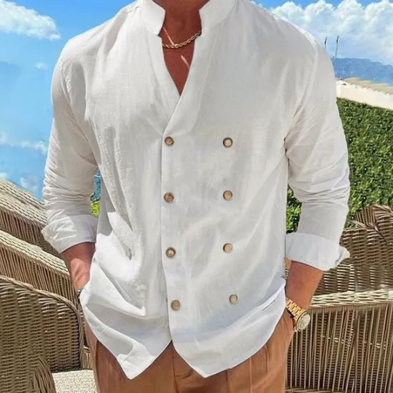 New OUKU Men's Shirt Linen Shirt Popover Shirt Summer Shirt Beach Wear Button Up Shirt Plain Vacation Curise Black Blue Beige Long Sleeve Band Collar Spring & Summer Clothing Apparel