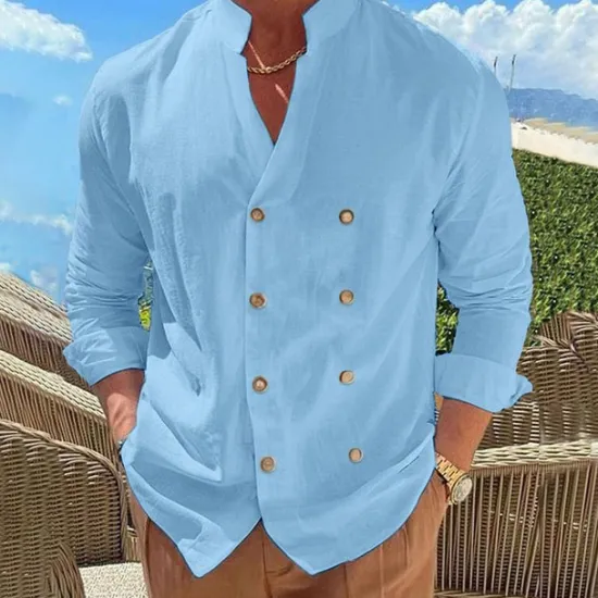 New OUKU Men's Shirt Linen Shirt Popover Shirt Summer Shirt Beach Wear Button Up Shirt Plain Vacation Curise Black Blue Beige Long Sleeve Band Collar Spring & Summer Clothing Apparel