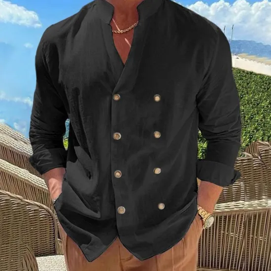 New OUKU Men's Shirt Linen Shirt Popover Shirt Summer Shirt Beach Wear Button Up Shirt Plain Vacation Curise Black Blue Beige Long Sleeve Band Collar Spring & Summer Clothing Apparel