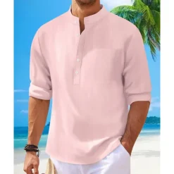 Discount OUKU Men's Shirt Linen Shirt Popover Shirt Casual Shirt Cotton Shirt Plain Vacation Hawaiian Black White Pink Navy Blue Long Sleeve Band Collar Spring Fall Clothing Apparel