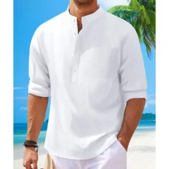 Discount OUKU Men's Shirt Linen Shirt Popover Shirt Casual Shirt Cotton Shirt Plain Vacation Hawaiian Black White Pink Navy Blue Long Sleeve Band Collar Spring Fall Clothing Apparel