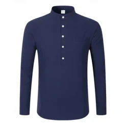 Discount OUKU Men's Shirt Linen Shirt Popover Shirt Casual Shirt Cotton Shirt Plain Vacation Hawaiian Black White Pink Navy Blue Long Sleeve Band Collar Spring Fall Clothing Apparel