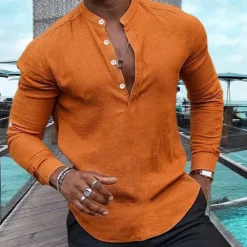 Outlet OUKU Men's Shirt Linen Shirt Popover Shirt Summer Shirt Beach Wear Casual Shirt Plain Casual Daily Black White Pink Navy Blue Long Sleeve Henley Spring & Summer Clothing Apparel