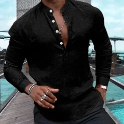 Outlet OUKU Men's Shirt Linen Shirt Popover Shirt Summer Shirt Beach Wear Casual Shirt Plain Casual Daily Black White Pink Navy Blue Long Sleeve Henley Spring & Summer Clothing Apparel