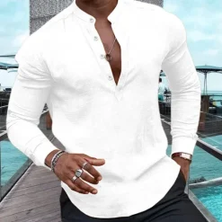 Outlet OUKU Men's Shirt Linen Shirt Popover Shirt Summer Shirt Beach Wear Casual Shirt Plain Casual Daily Black White Pink Navy Blue Long Sleeve Henley Spring & Summer Clothing Apparel