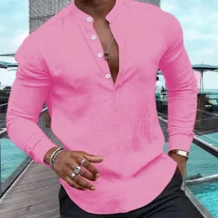 Outlet OUKU Men's Shirt Linen Shirt Popover Shirt Summer Shirt Beach Wear Casual Shirt Plain Casual Daily Black White Pink Navy Blue Long Sleeve Henley Spring & Summer Clothing Apparel