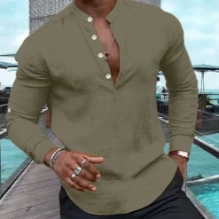 Outlet OUKU Men's Shirt Linen Shirt Popover Shirt Summer Shirt Beach Wear Casual Shirt Plain Casual Daily Black White Pink Navy Blue Long Sleeve Henley Spring & Summer Clothing Apparel