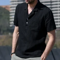 New OUKU Men's Shirt Linen Shirt Popover Shirt Summer Shirt Beach Wear Casual Shirt Solid Color Vacation Street Black White Yellow Green Short Sleeve Shirt Collar Summer Spring Clothing Apparel Pocket