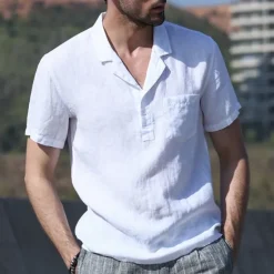 New OUKU Men's Shirt Linen Shirt Popover Shirt Summer Shirt Beach Wear Casual Shirt Solid Color Vacation Street Black White Yellow Green Short Sleeve Shirt Collar Summer Spring Clothing Apparel Pocket