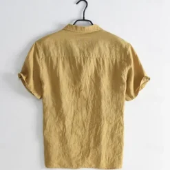New OUKU Men's Shirt Linen Shirt Popover Shirt Summer Shirt Beach Wear Casual Shirt Solid Color Vacation Street Black White Yellow Green Short Sleeve Shirt Collar Summer Spring Clothing Apparel Pocket